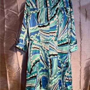 Boston Proper Teal and Black Geometric Silk Dress